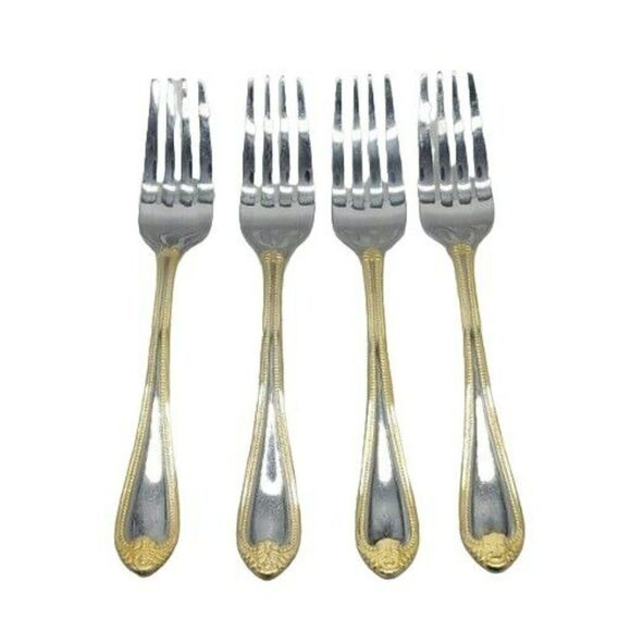 Hampton Silversmiths GOLD ACCENT Stainless 4 Salad Forks Flatware - Picture 1 of 7
